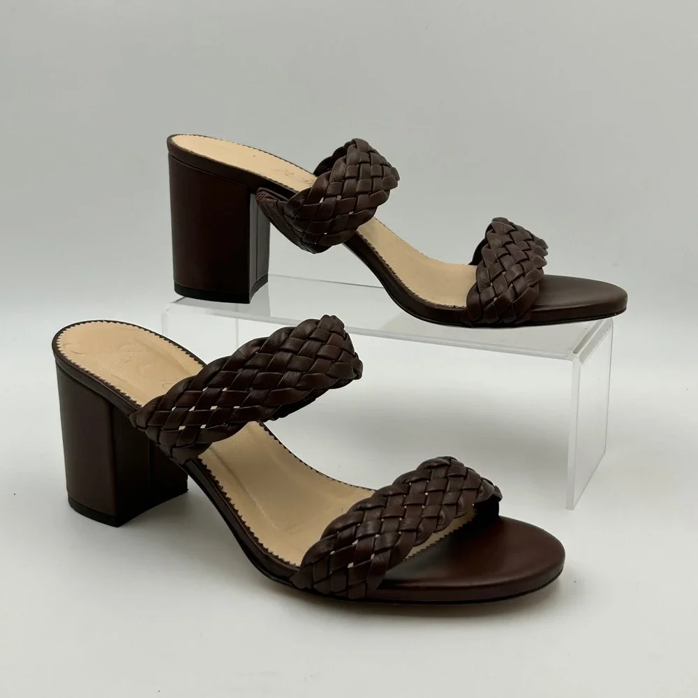 J.Crew Braided Leather Block Heel Sandals Womens 8 Brown Mules Quiet Luxury Boho